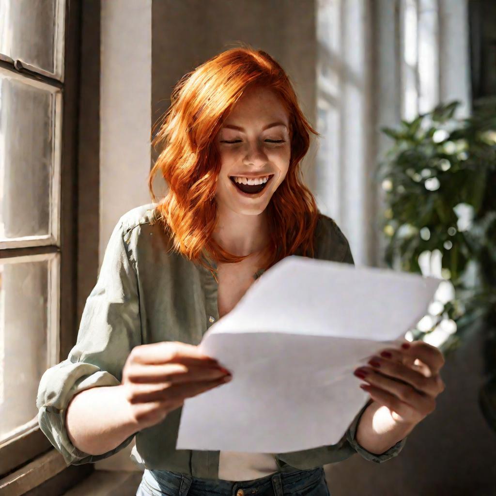 Крупный портрет рыжеволосой девушки с широко раскрытыми глазами и улыбающимся ртом, закрытым руками. В руках бумага с извещением о выплате премии от работодателя. Сзади солнечный свет из окна.