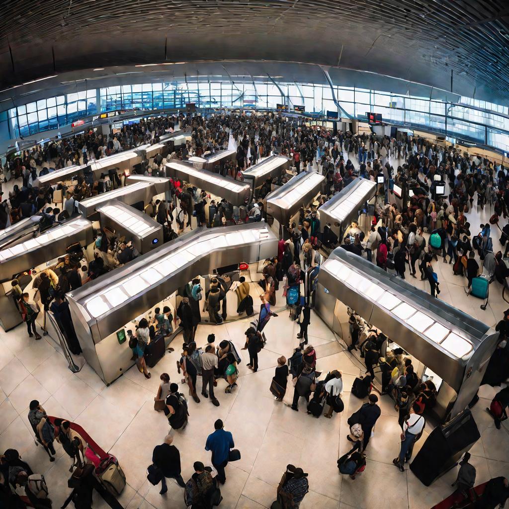 Вид сверху на зал паспортного контроля в аэропорту с очередями путешественников, ожидающих отметки в паспорте.