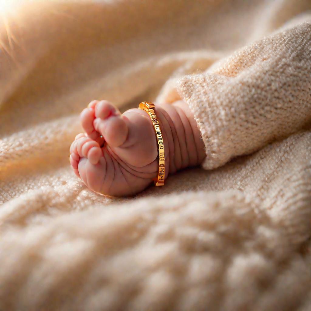 Ножки новорожденного малыша с браслетом в больнице на мягком пледе при золотистом теплом свете.