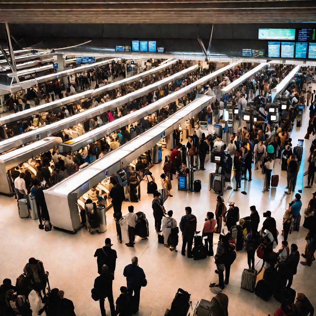 Вид сверху на переполненный зал аэропорта с очередями путешественников у паспортного контроля под яркими лампами.