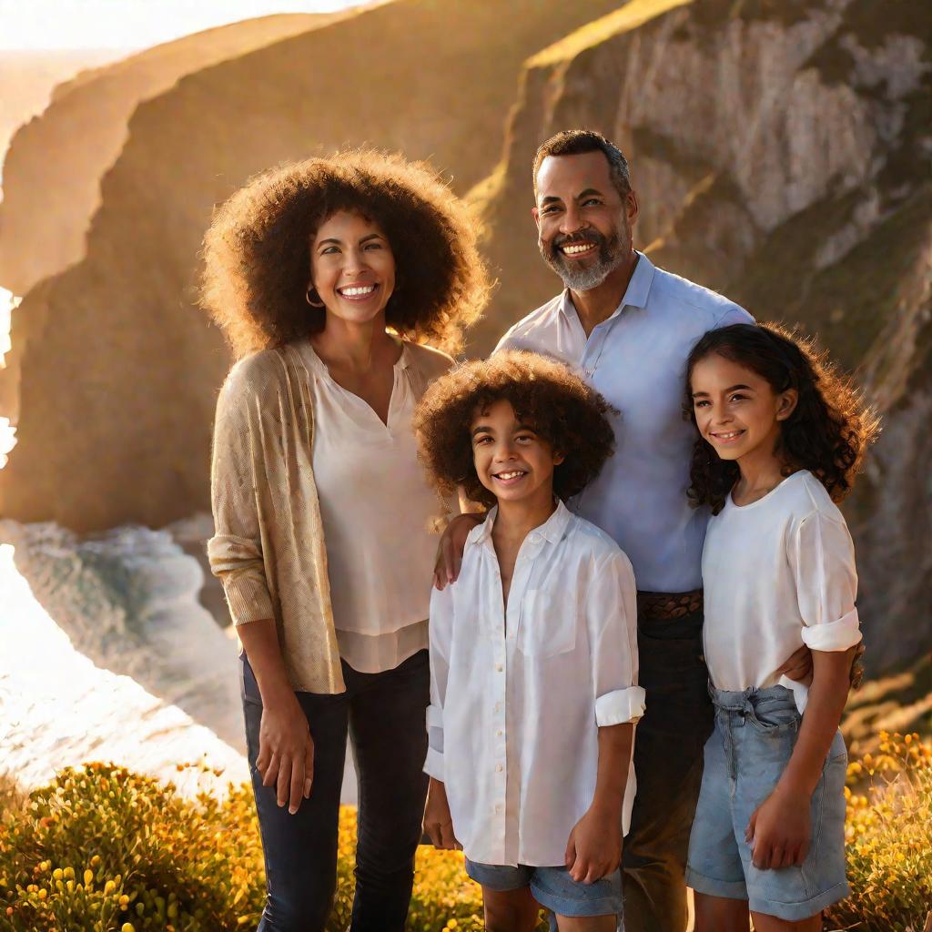 Портрет улыбающейся многонациональной семьи на живописном морском утесе при золотом свете.