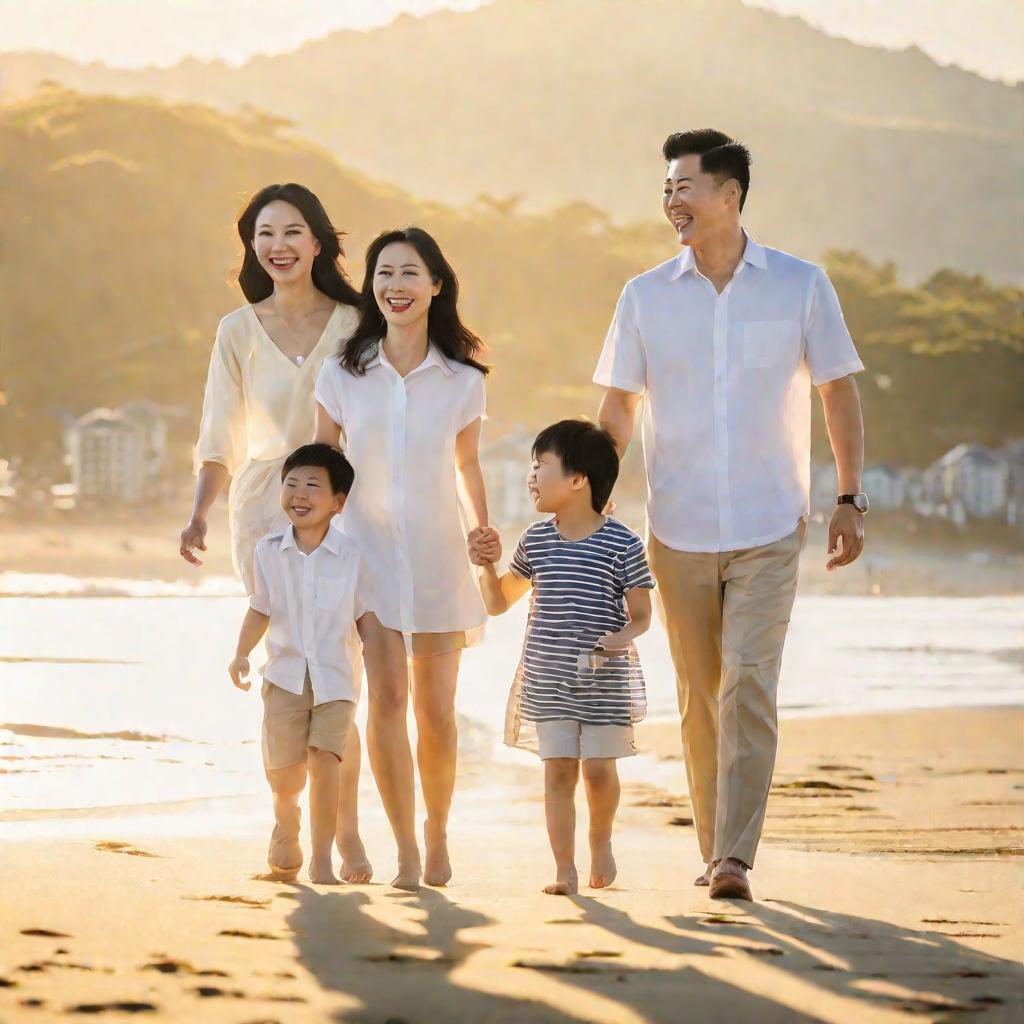 Счастливая азиатская семья идет по пляжу на закате, освещенная теплым золотистым светом.