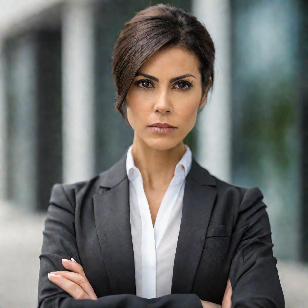 Женщина в строгом деловом костюме с хмурым выражением лица.