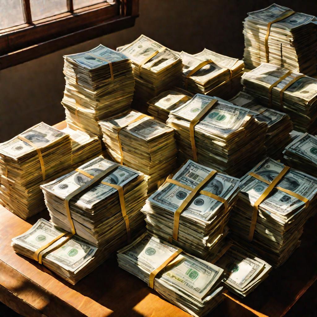 На столе аккуратно разложены стопки денег и документов.