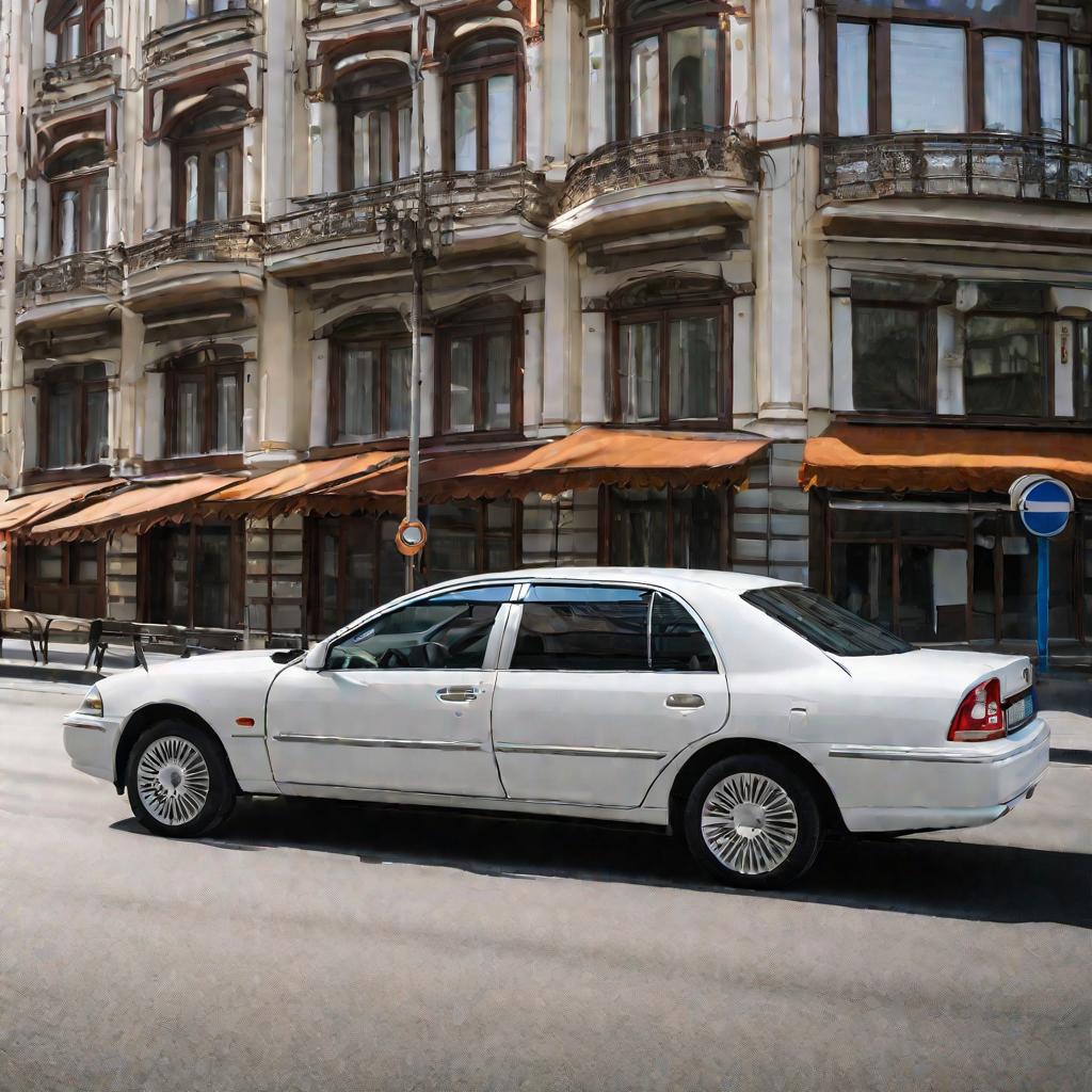 Белый современный легковой автомобиль с регистрационным знаком стандартного российского образца