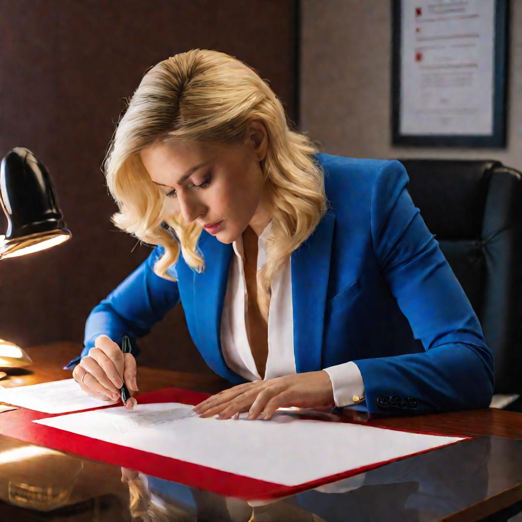 Женщина за столом в офисе ставит красную круглую печать на документ, портрет крупным планом