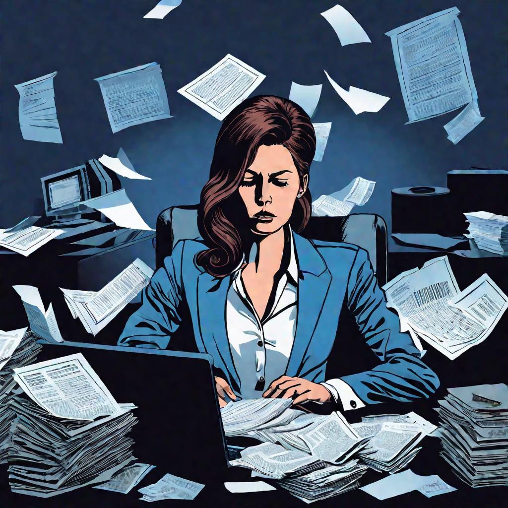 Женщина за столом полном бумаг выглядит растерянной при расчете алиментов