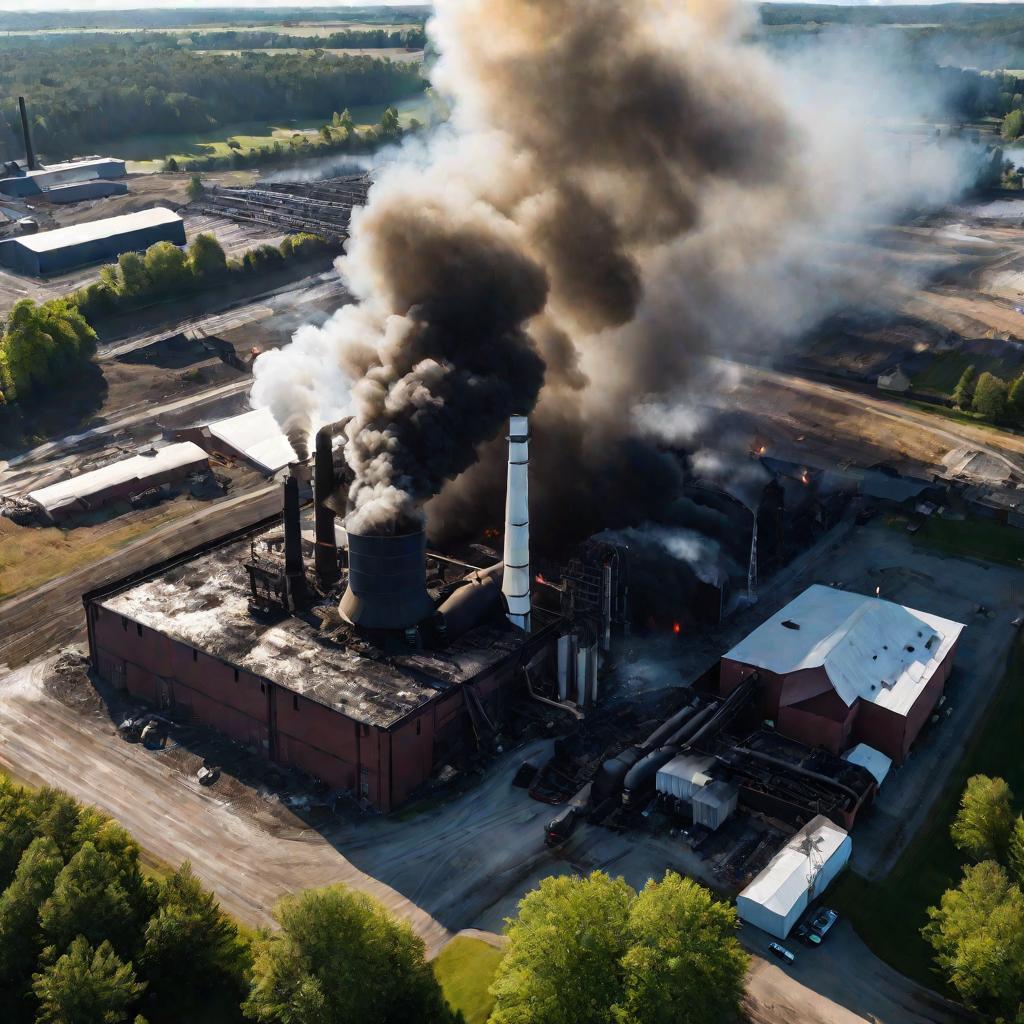 Поврежденный завод, дым, спасатели