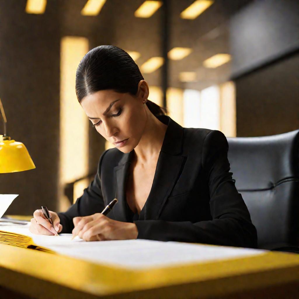 Портрет женщины-юриста, подписывающей документы в офисе