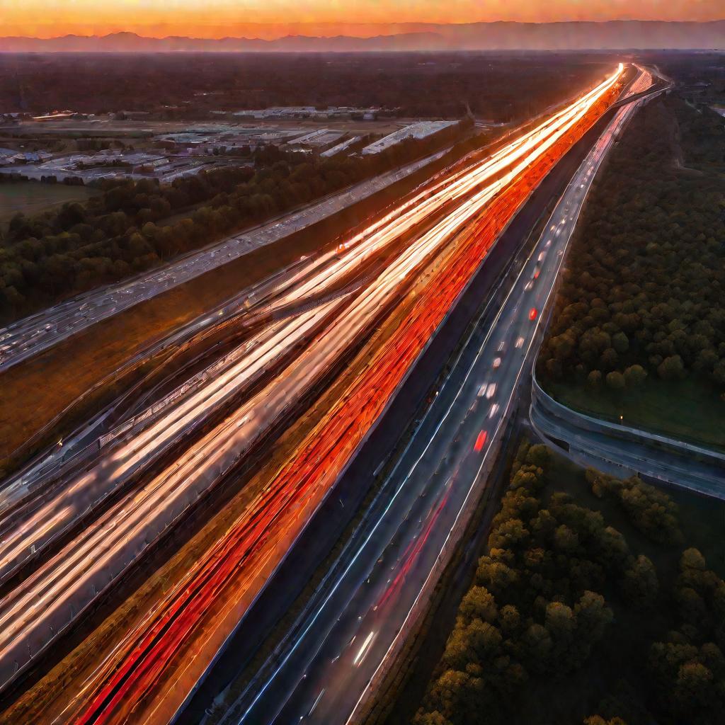 Закат над загруженной магистралью в час пик