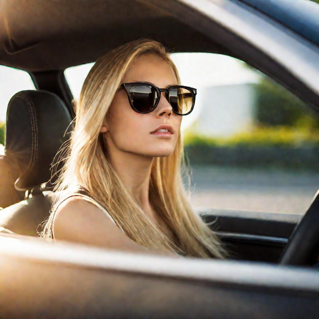 Женщина-водитель сосредоточенно смотрит на дорогу