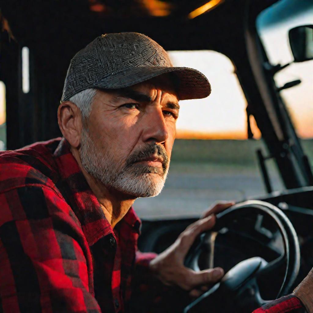 Крупным планом портрет водителя грузовика в кабине полуприцепа на закате.
