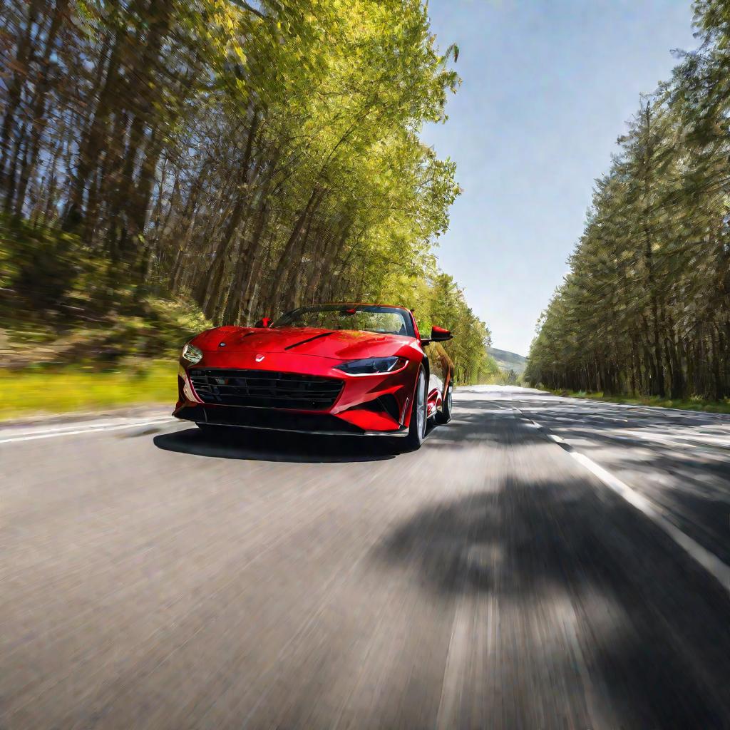 Новый красный спортивный автомобиль едет по шоссе