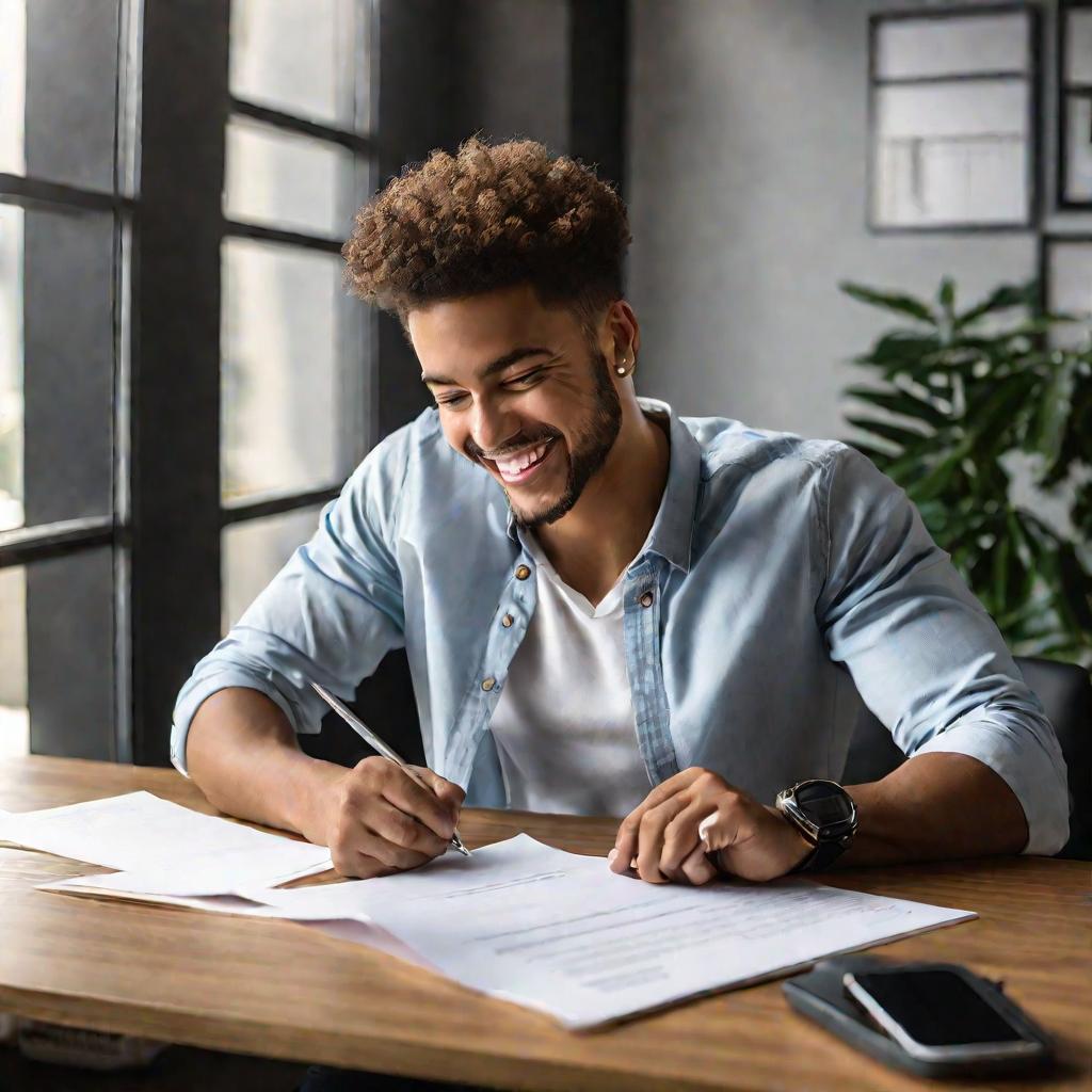 Мужчина подписывает документы в офисе