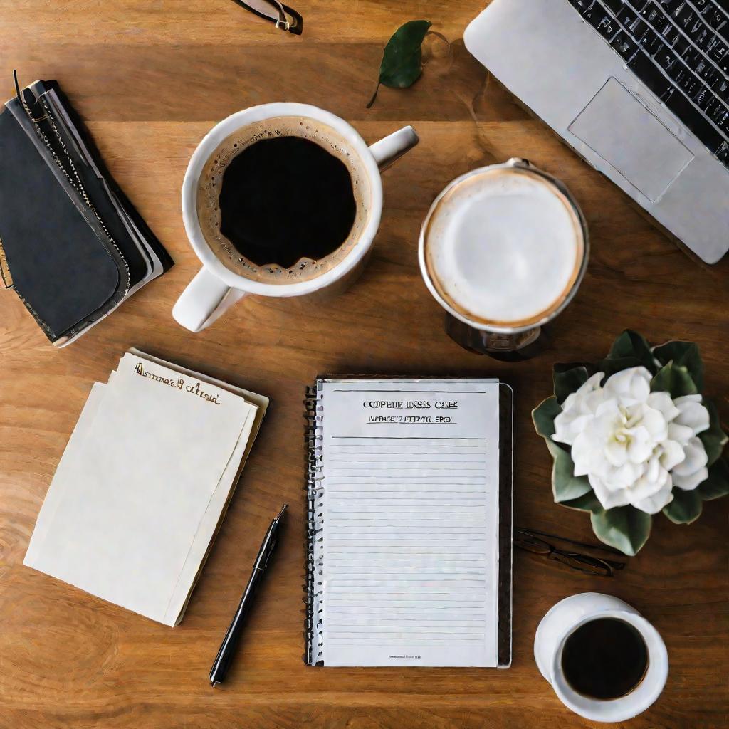 Вид сверху на открытое дело и бумаги на столе. В документе подробно описан судебный процесс, выделены разделы и сделаны рукописные пометки. Рядом стоит бумажный стаканчик кофе и блокнот с ручкой.