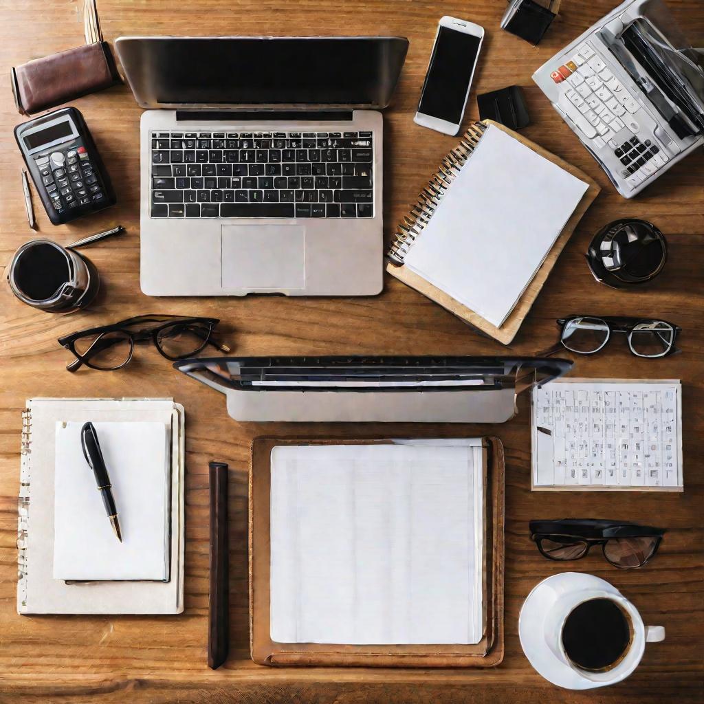 Вид сверху на офисный стол с разными предметами