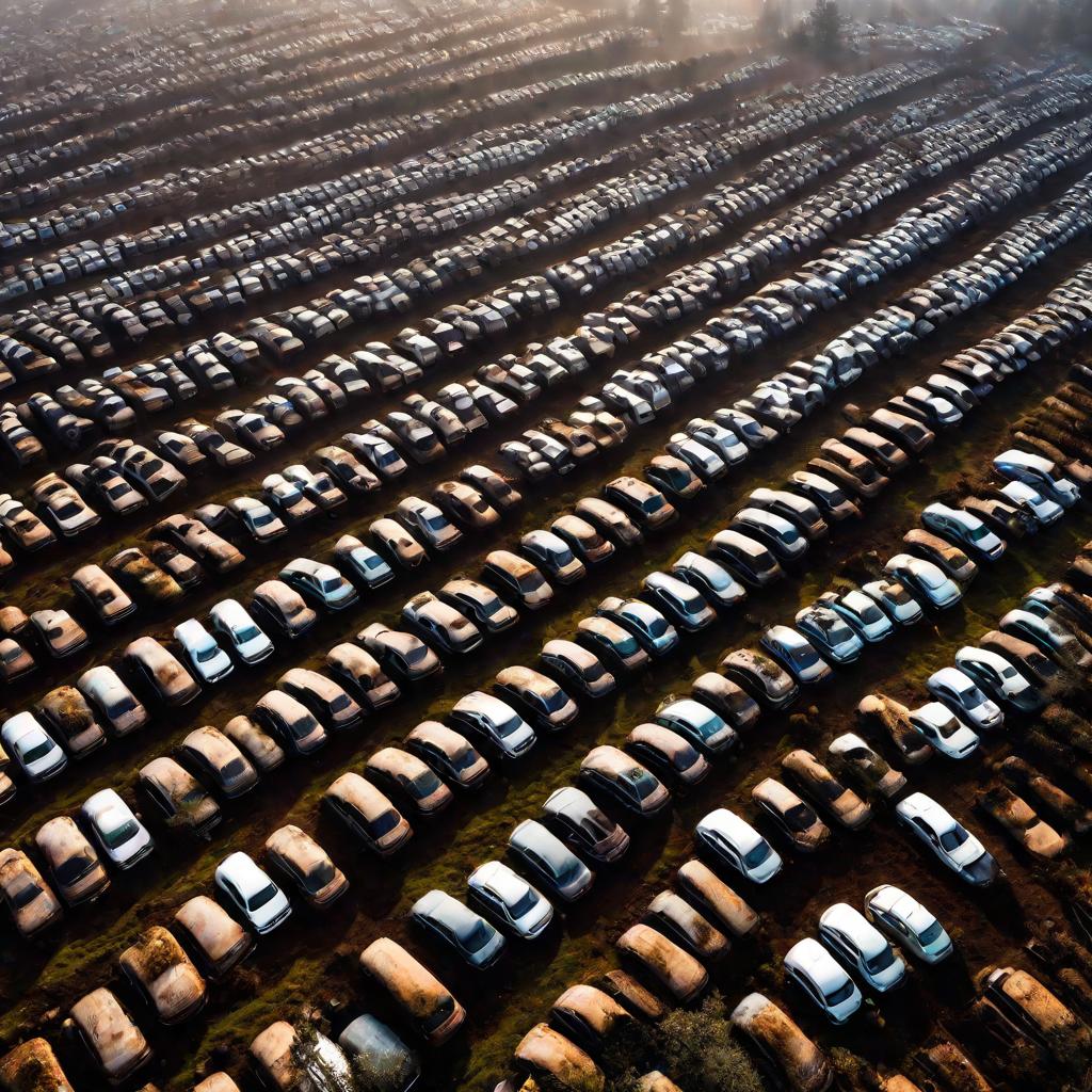 Подробная вид сверху огромной авто-кладбища тысяч ржавых разбитых машин в утреннем тумане