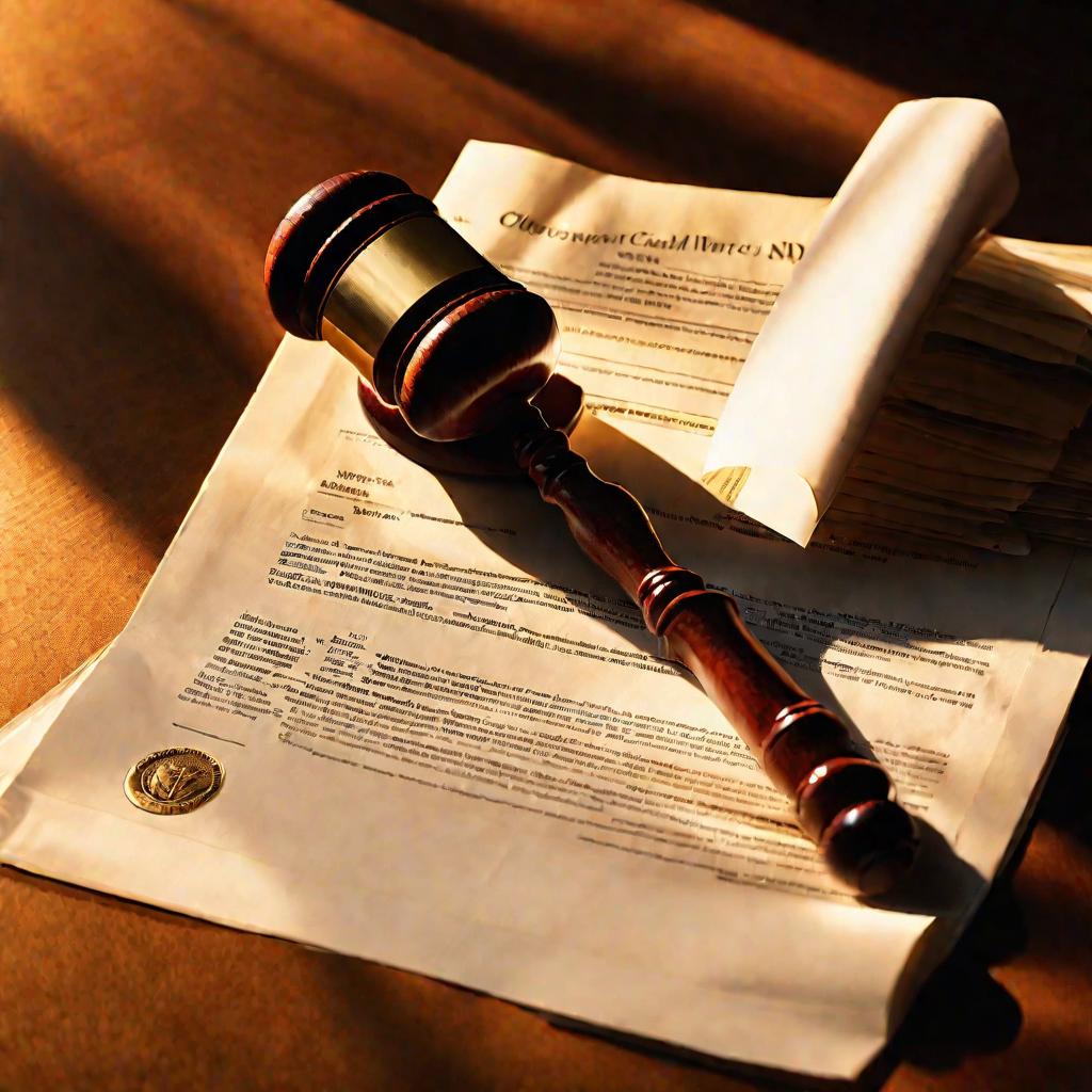 Молоток судьи и бумаги в зале суда