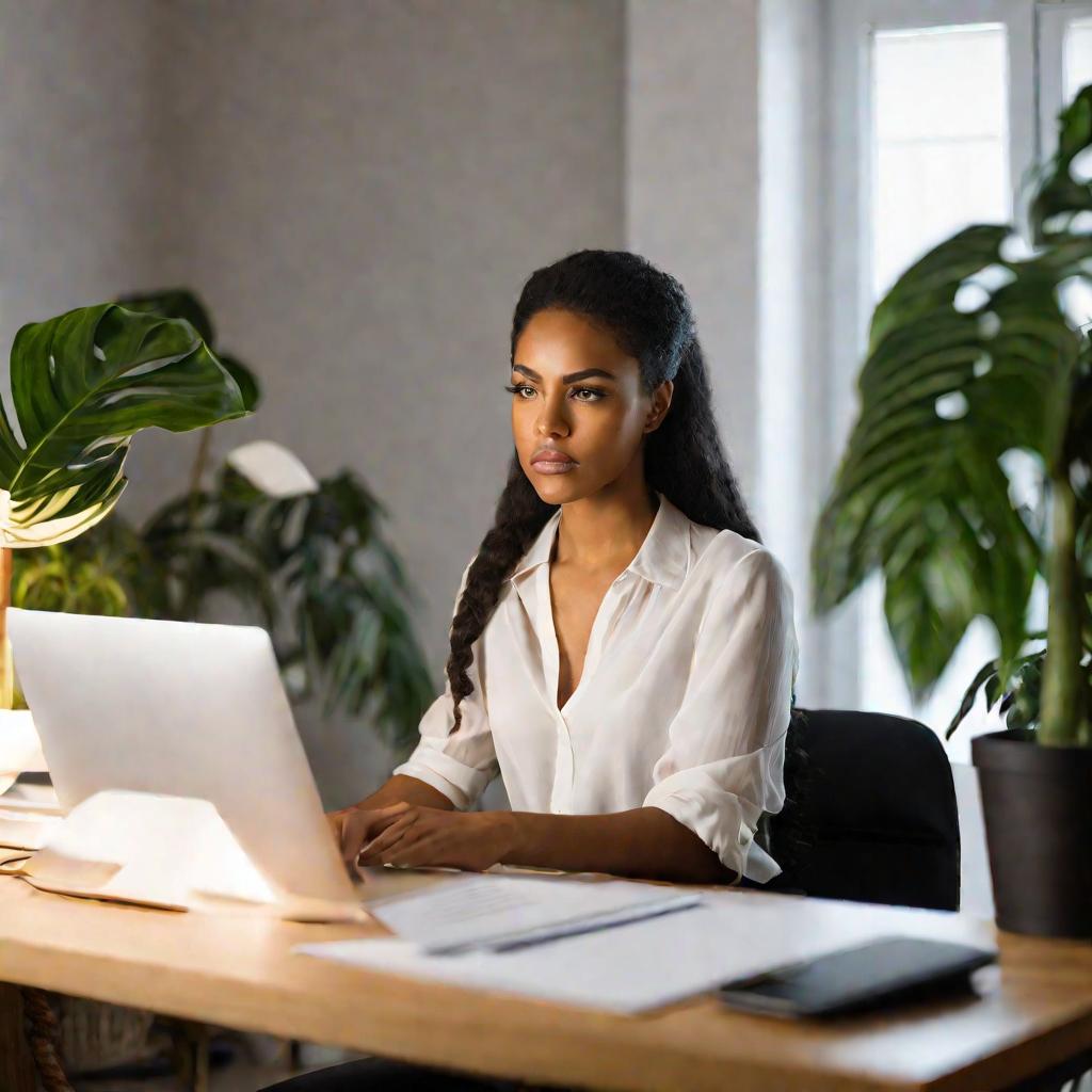 Портрет молодой женщины, работающей дома