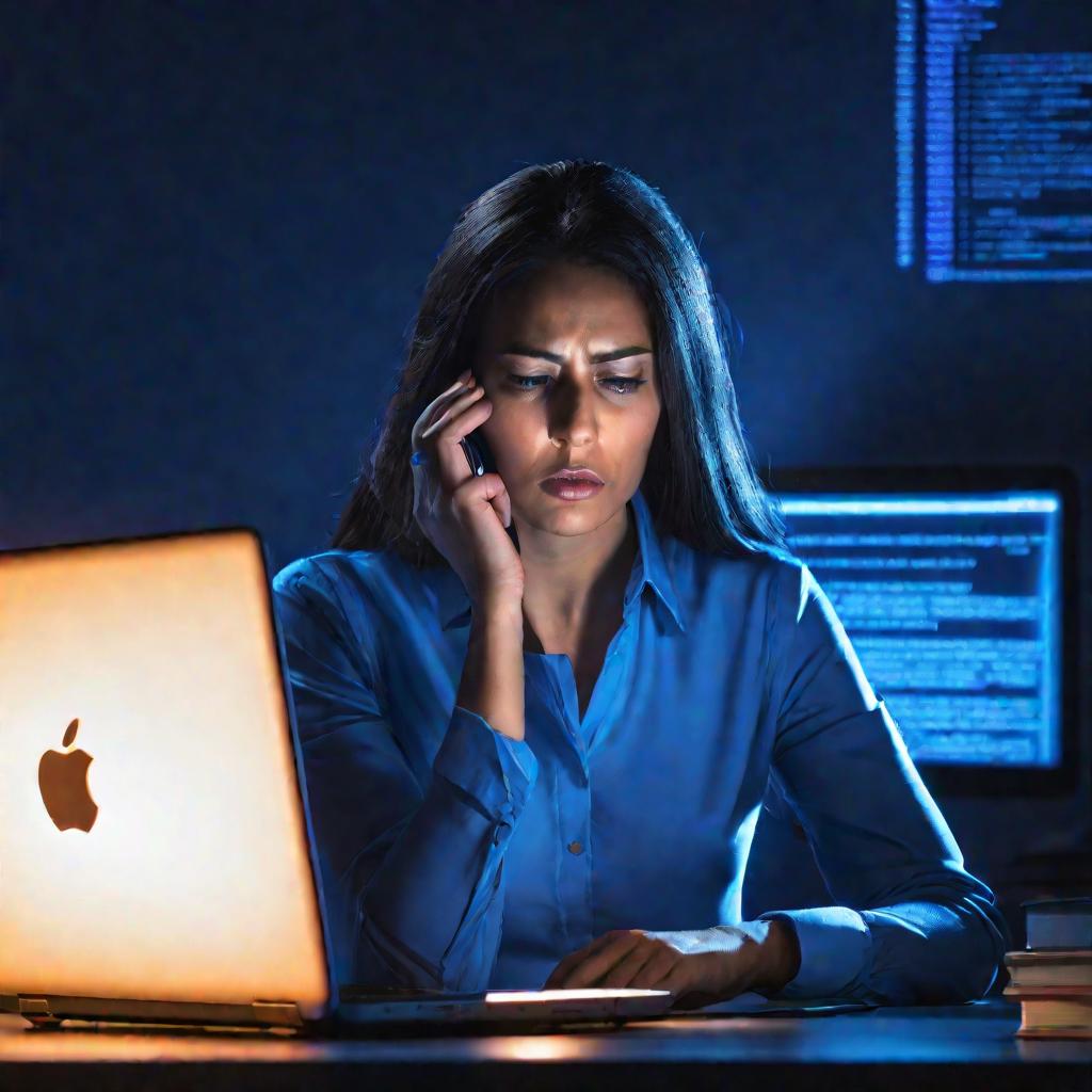 Портрет обеспокоенной женщины, чья переписка могла быть взломана, нарушив ее права