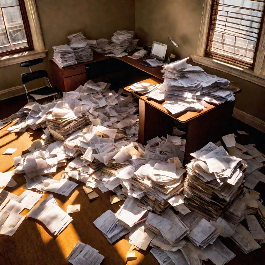 Беспорядочный рабочий стол завален счетами