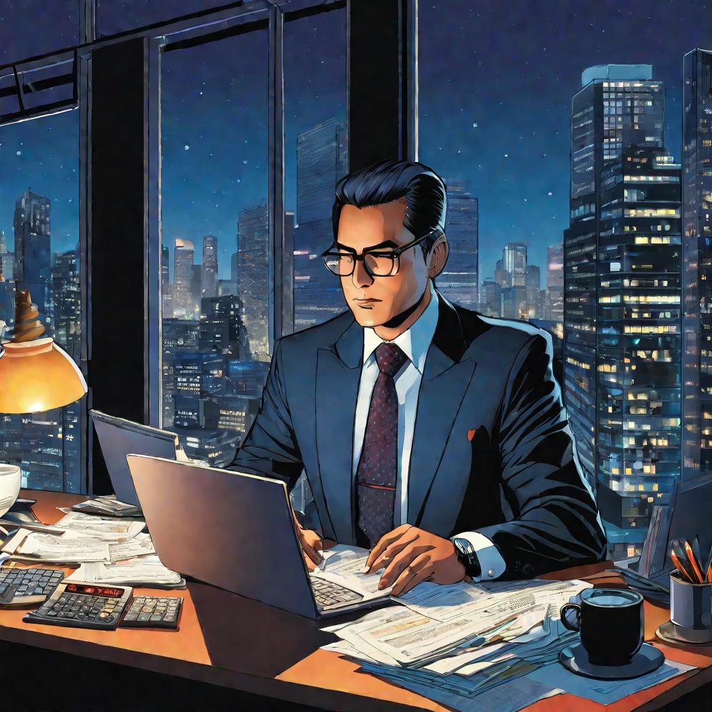 Зимний вечер в офисе. Голубоватый свет светодиодных ламп и огни города за окном. Бухгалтер в костюме сидит за заваленным бумагами столом с ноутбуком, калькулятором, карандашами и кружкой кофе. Он сосредоточенно изучает финансовые отчеты.
