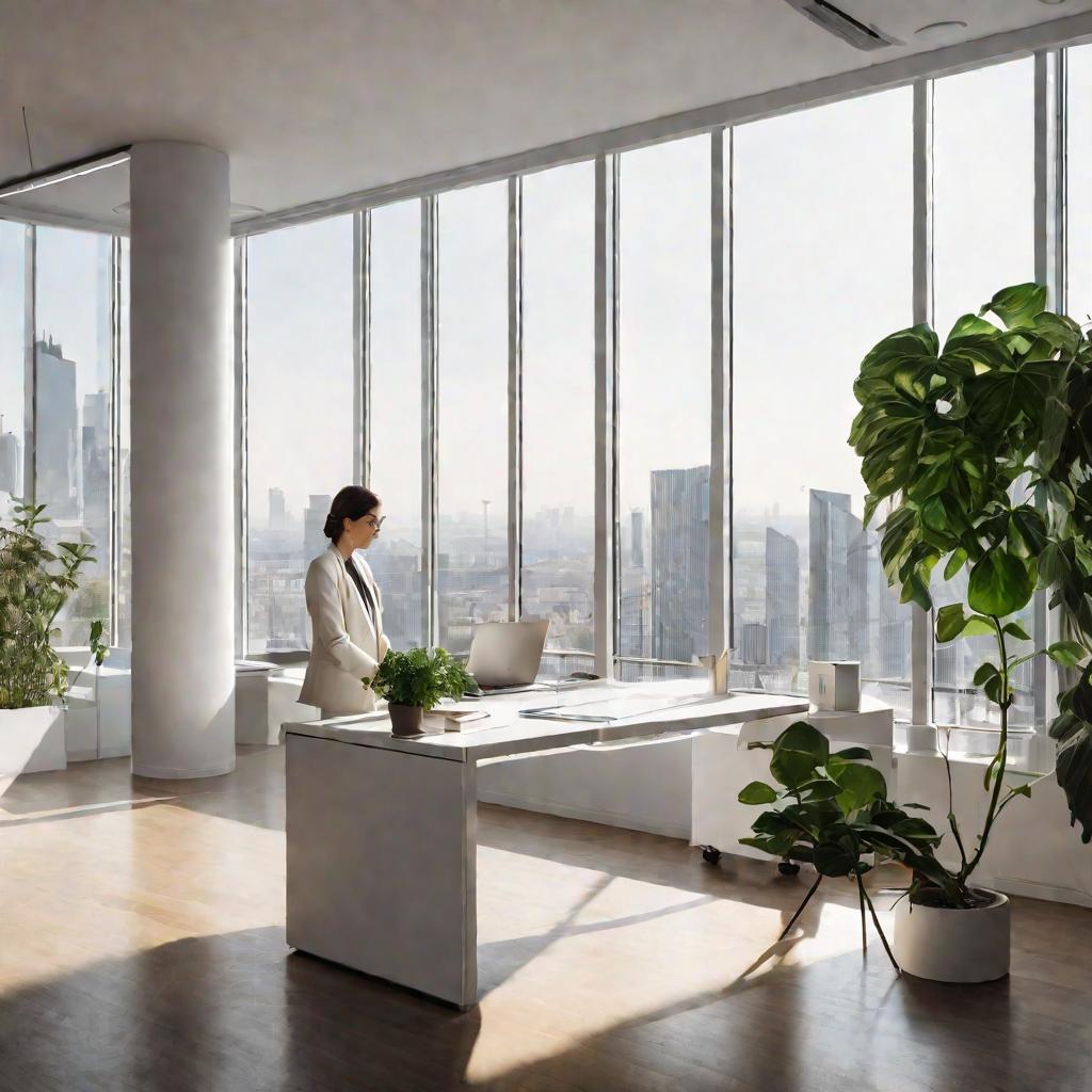 Минималистичный белый офис с стеклянным столом, освещенный мягким солнечным светом. На столе лежат документы, стоит ноутбук, калькулятор и комнатное растение. Женщина в пиджаке задумчиво смотрит в огромное окно с видом на город.