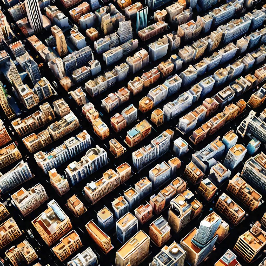 Обширный панорамный вид оживленного мегаполиса в солнечный день. Сотни небоскребов, офисных зданий, кварталов, парков и дорог образуют замысловатый узор. Десятки тысяч машин и людей движутся по городу, словно единый живой организм.