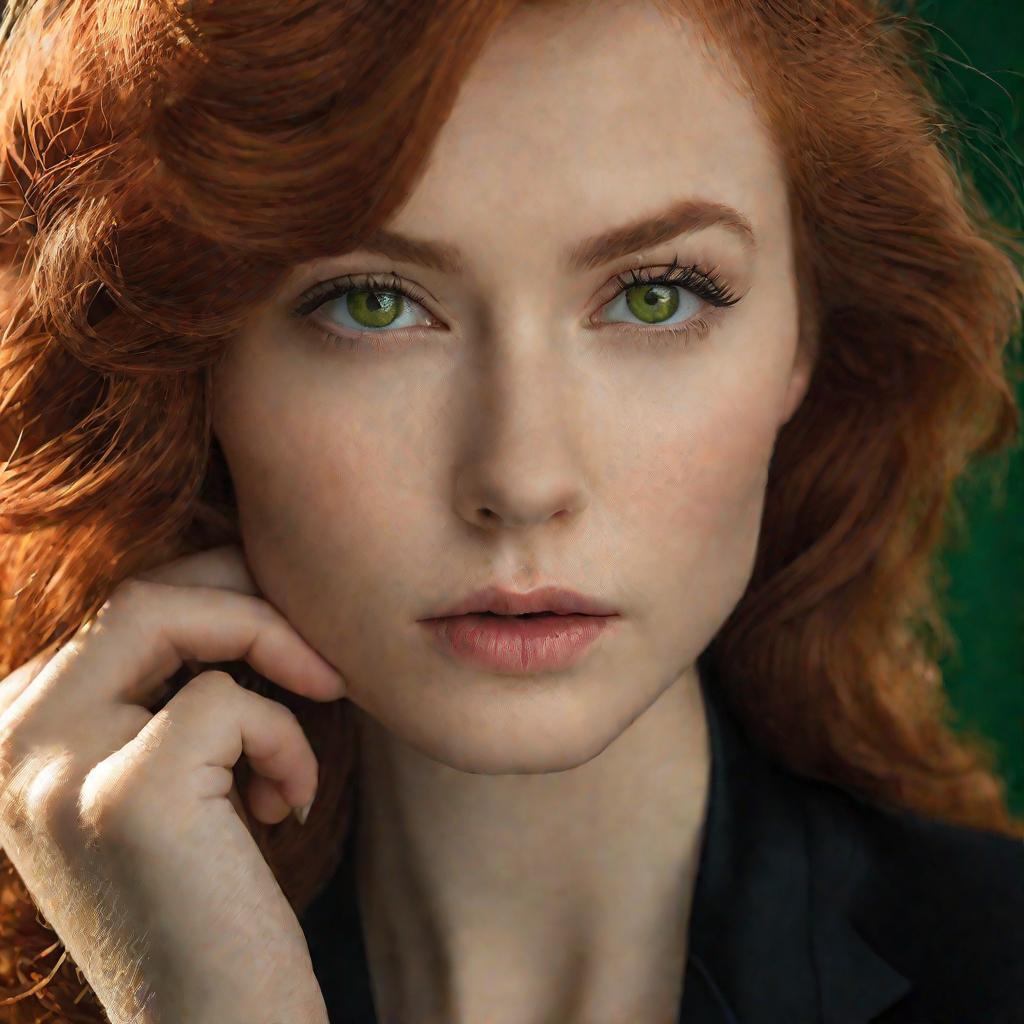 Крупный портрет серьезной задумчивой красивой молодой женщины с длинными волнистыми рыжими волосами, зелеными глазами и фарфоровой кожей в элегантном черном костюме. Мягкое теплое освещение выделяет тонкие детали и фактуру.