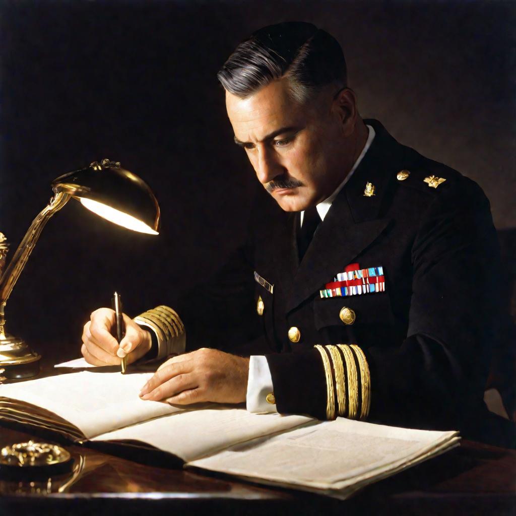 Портрет офицера, изучающего документы по регламенту ночью