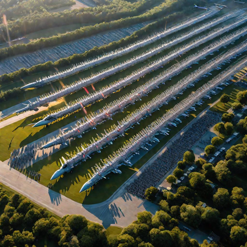 Вид сверху на военную базу утром, строгое соблюдение распорядка