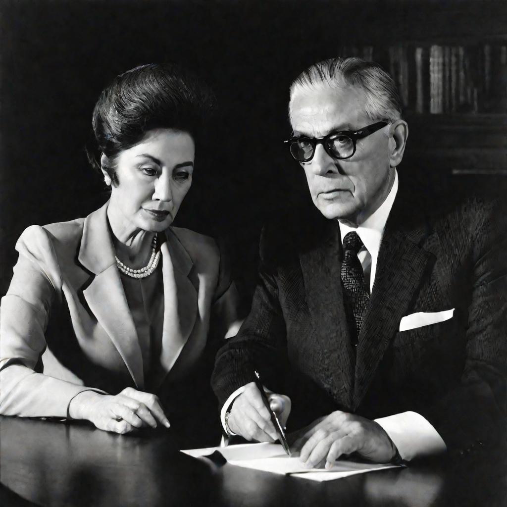 Пожилой мужчина в костюме передает бумагу серьезной женщине