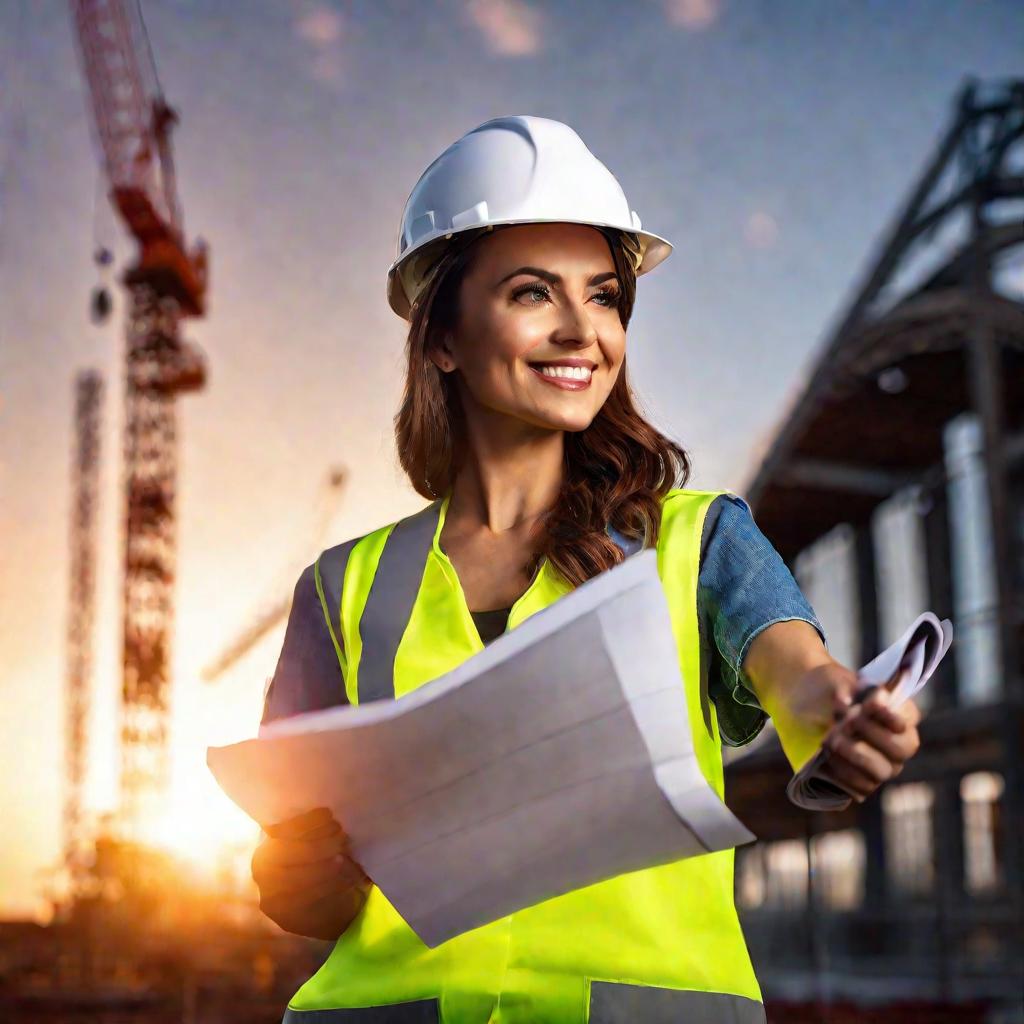 Портрет женщины-архитектора с планами на фоне драматичного заката