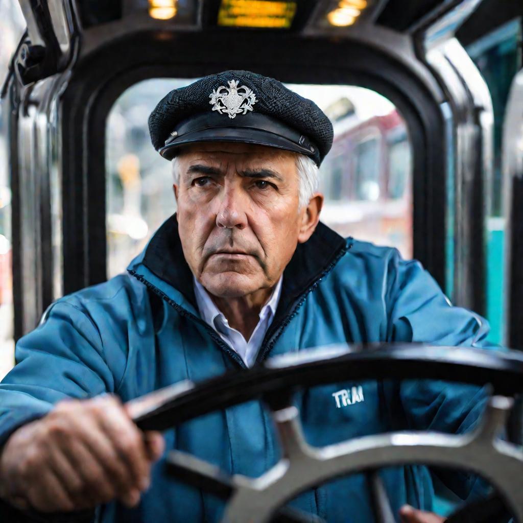 Портрет водителя трамвая за рулем