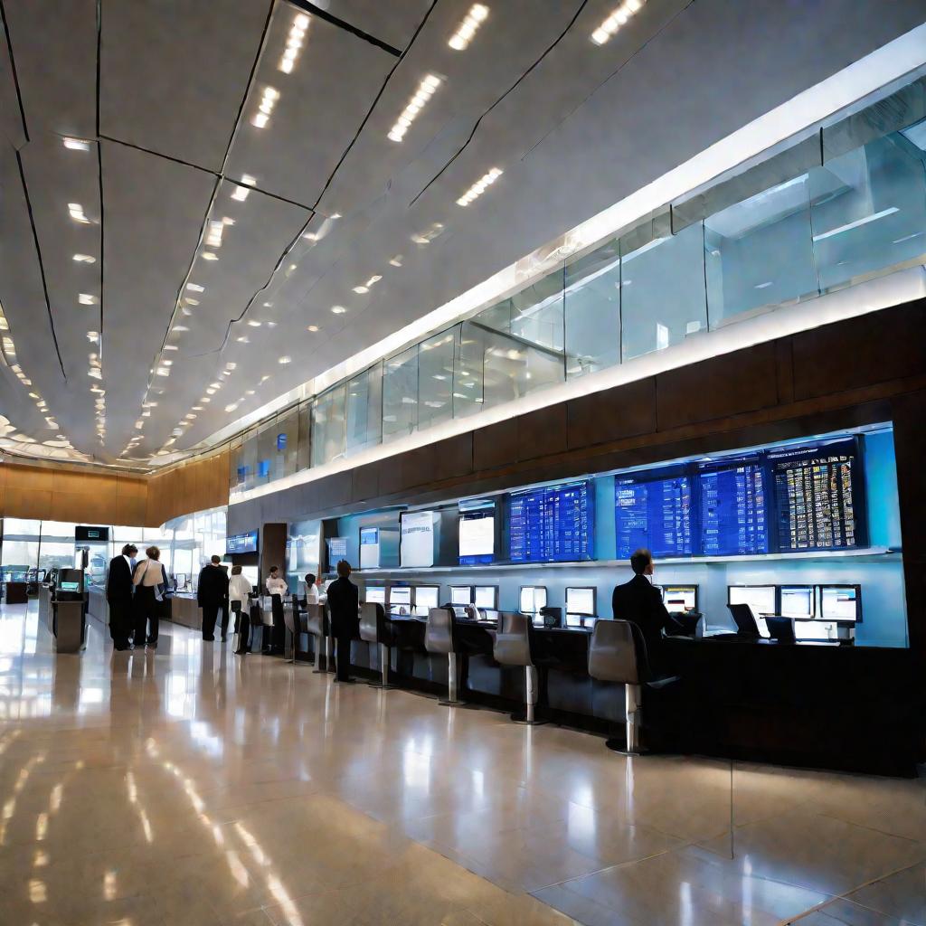 Светлый просторный холл современного банка днем.