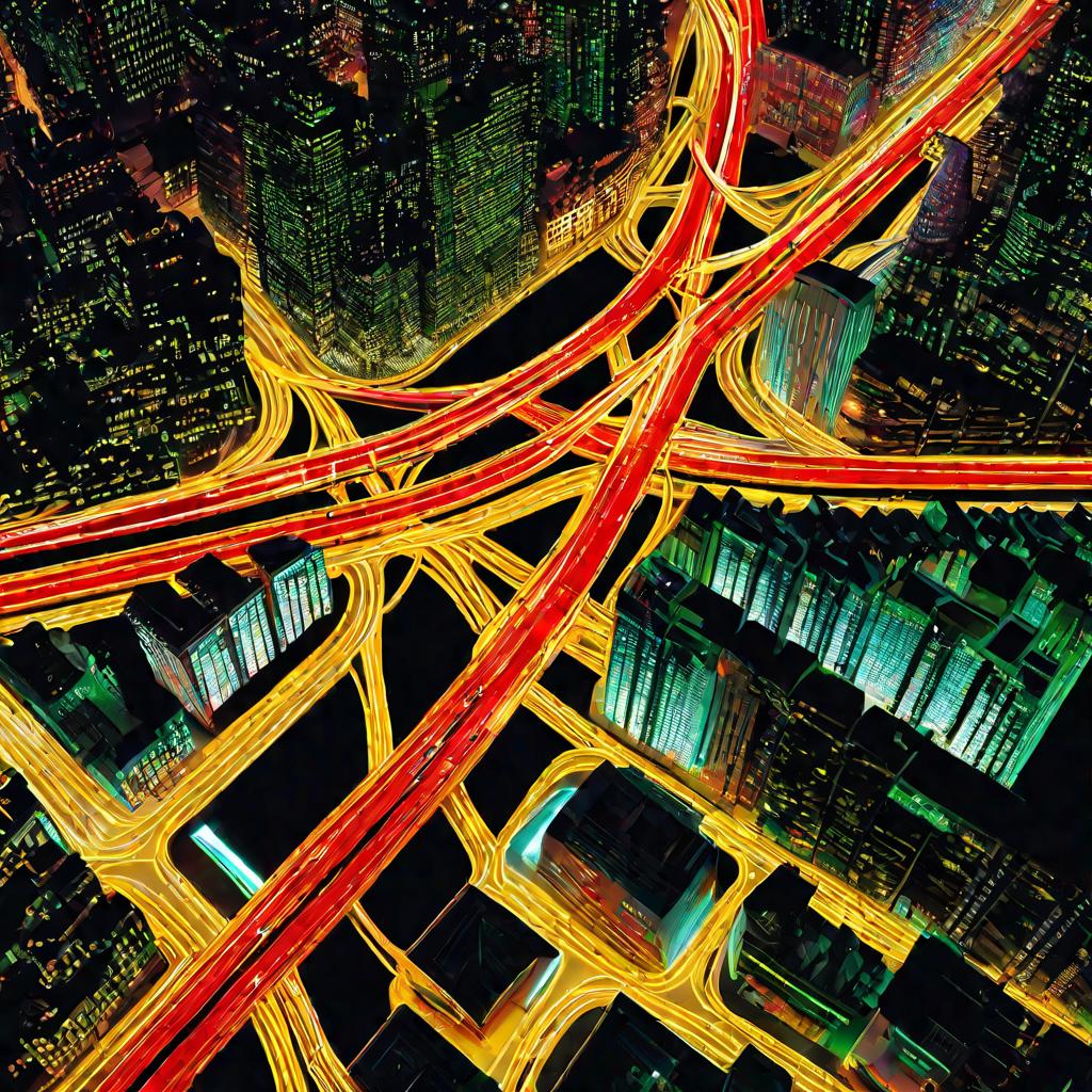 Ночной город, светофоры работают синхронно