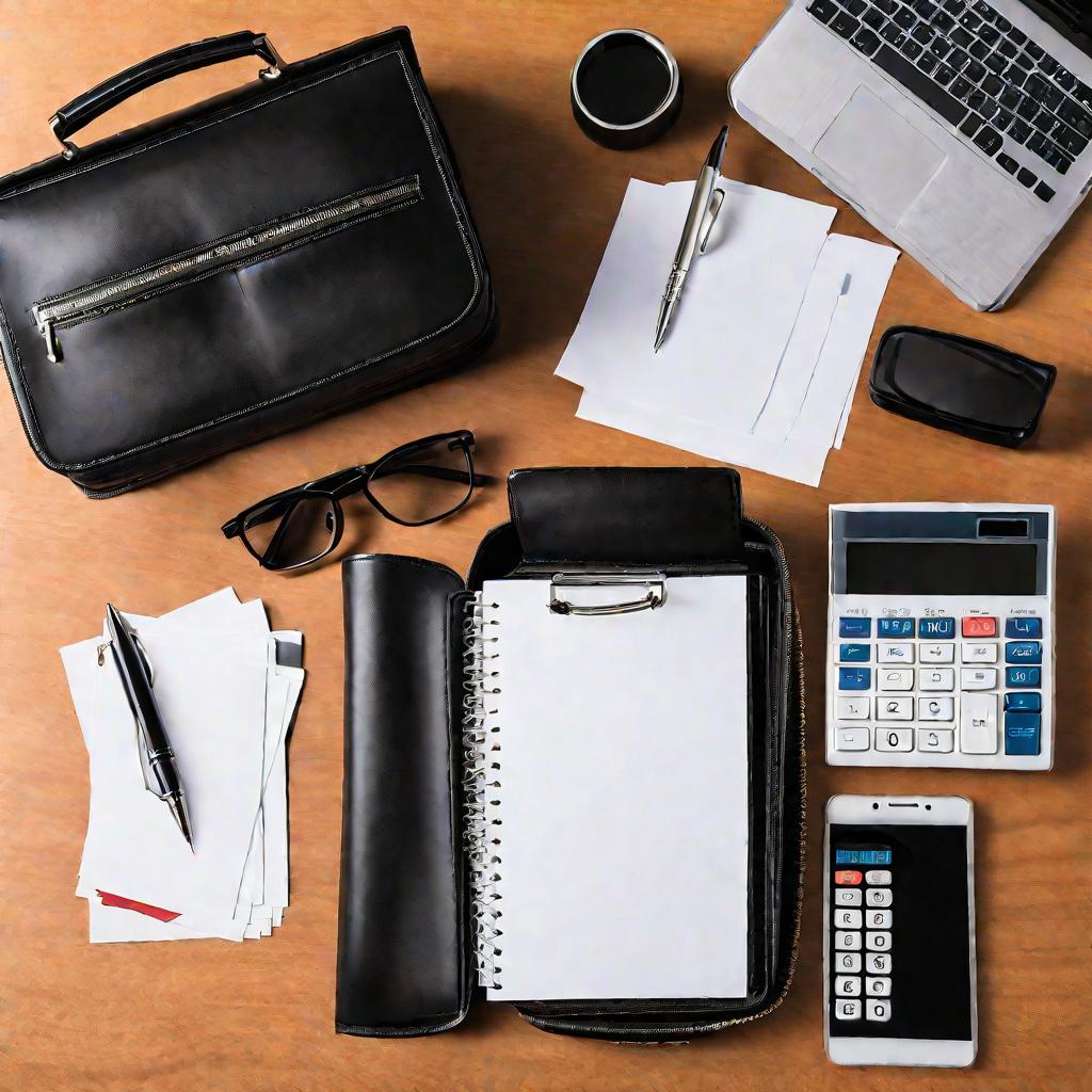 Открытый портфель на столе с документами, калькулятором, ручкой и телефоном