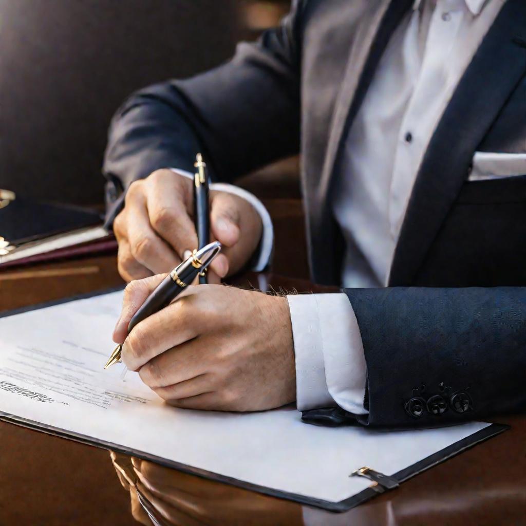 Портрет бизнесмена в костюме, подписывающего документы