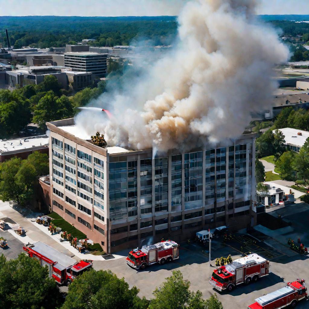 Вид сверху на горящее офисное здание и пожарные машины