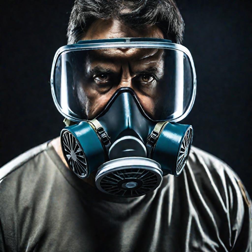 Портрет мужчины в респираторной маске с обеспокоенным взглядом