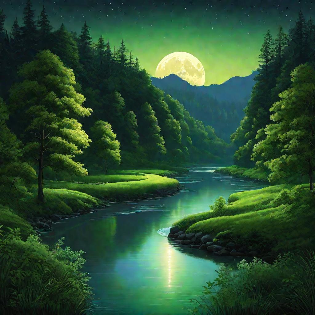 Ночной пейзаж реки в лесу при лунном свете