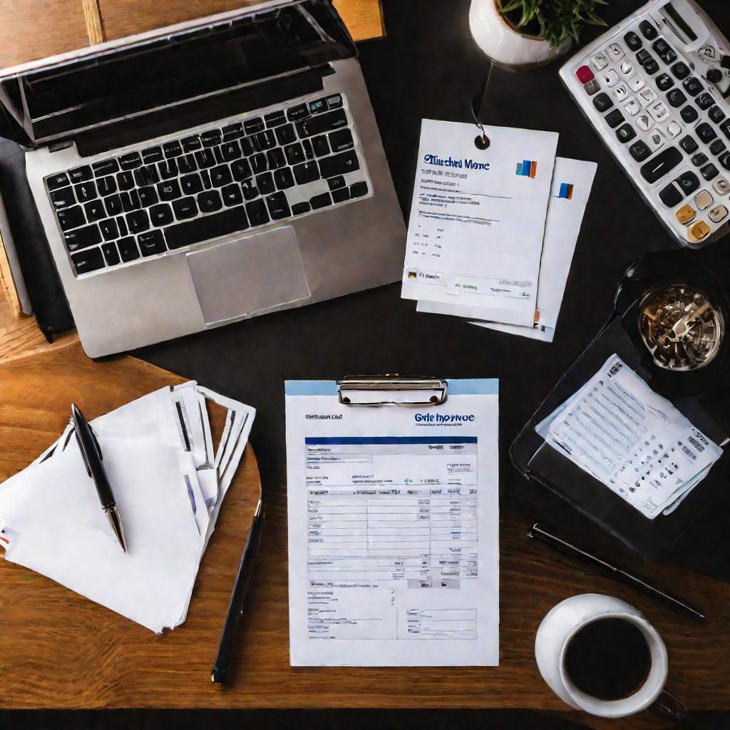 Рабочий стол с ноутбуком, ручками и бланком счета на оплаты.