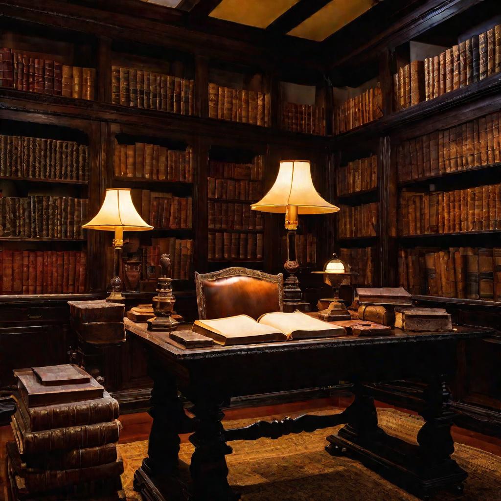 Темный кабинет с книжными полками.