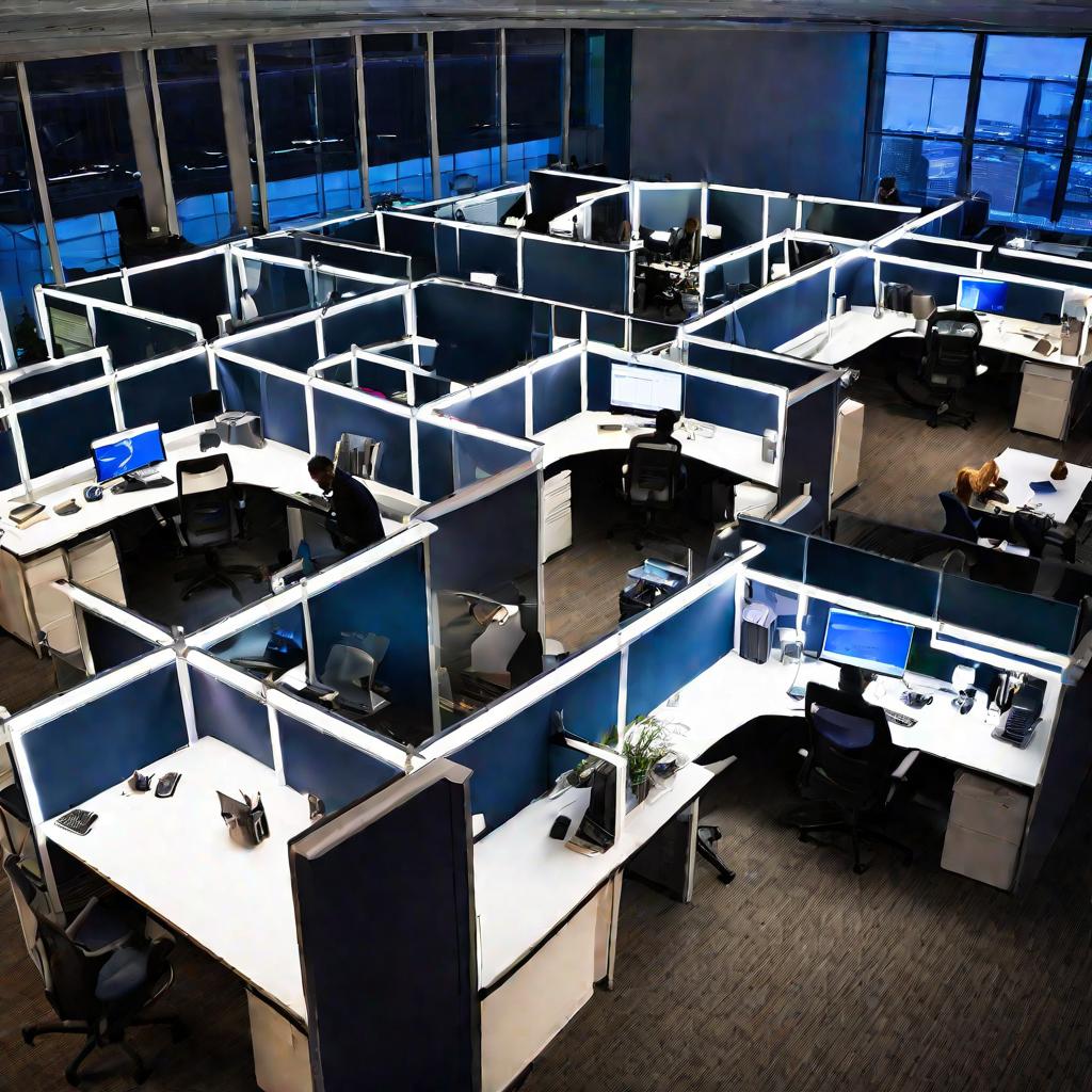 Вечерний вид офисного пространства с сотрудниками