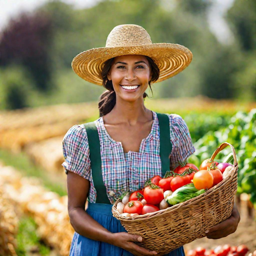 Крупный портрет счастливой женщины-фермера, несущей корзину, полную разноцветных свежих овощей