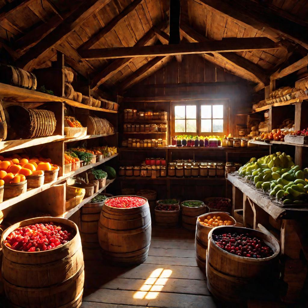 Широкий вид внутреннего пространства старого деревянного амбара с бочками, ящиками и полками, заполненными разнообразными фруктами и овощами