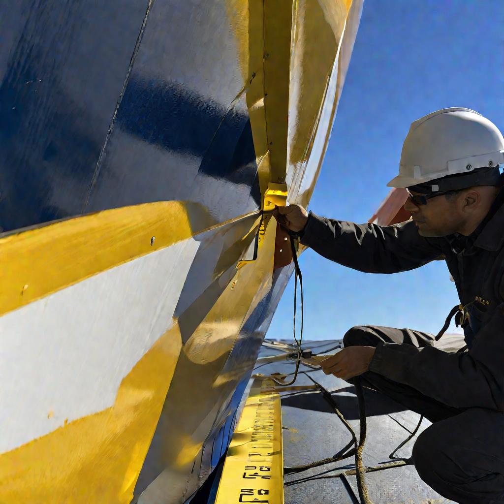 Рабочий делает замеры корпуса судна рулеткой, четкие тени падают на голубую сталь судна.