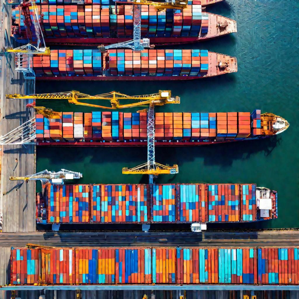 Панорамный вид сверху на пришвартованное в многолюдном порту контейнеровоз и краны, грузящие на него разноцветные контейнеры.