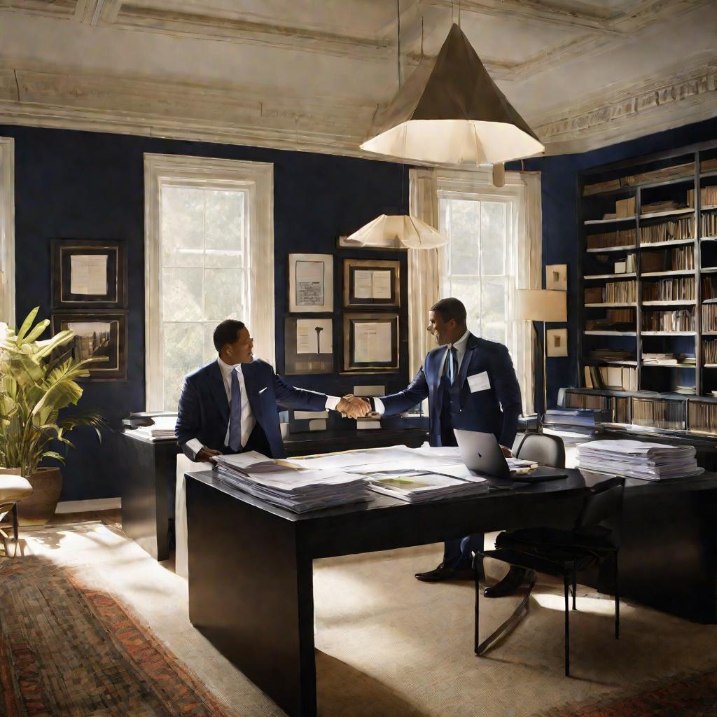 Офис, где мужчины в костюмах обмениваются документами