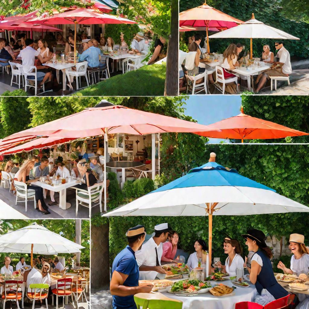Официантка принесла заказ посетителям на летней веранде кафе в солнечный день. Блюда аккуратно сервированы и выглядят аппетитно. Вокруг много зелени, царит радостная атмосфера.